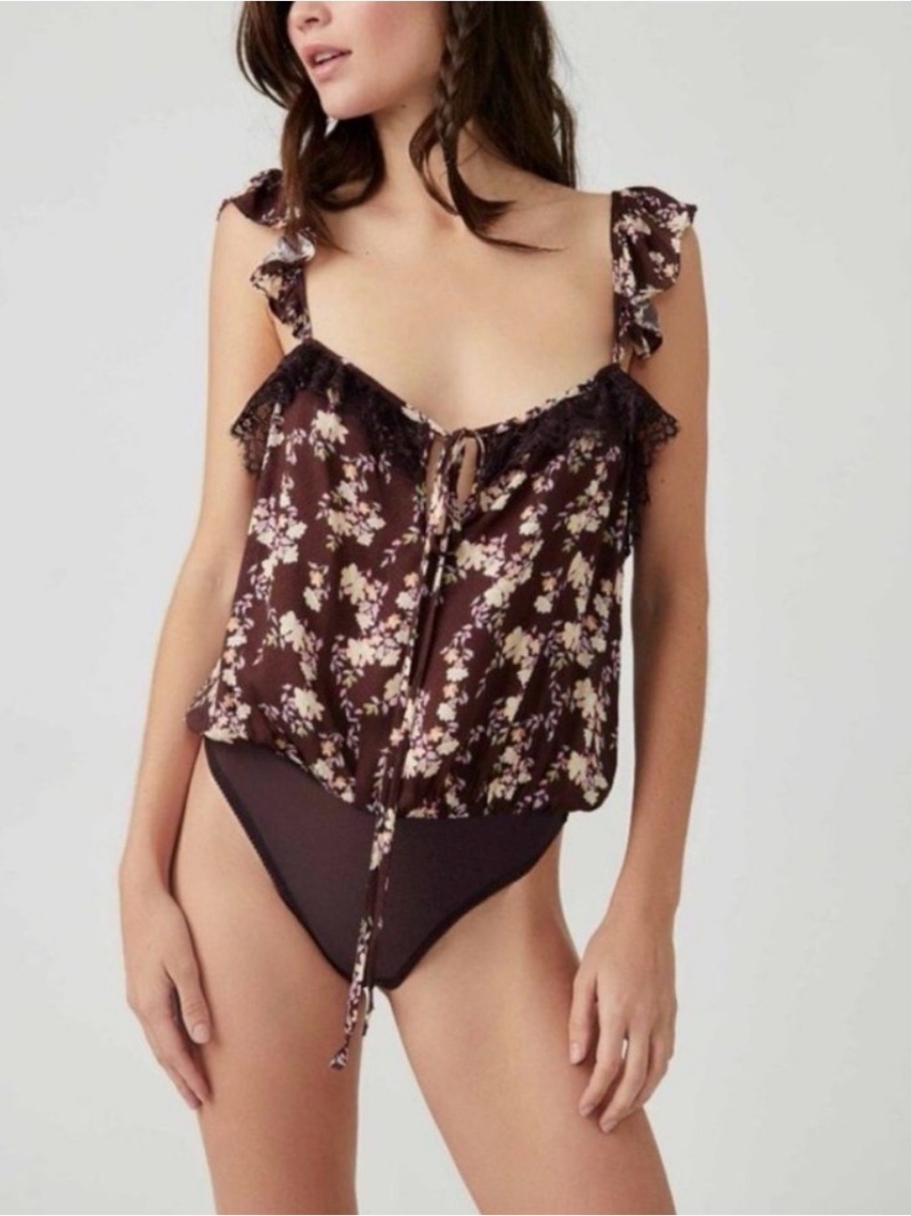 Free People Intimately Floral Lace Ruffle Bodysuit Burgundy Size L